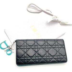 Auth Christian Dior Logo Cannage Leather Black Bi-fold Long Wallet W/B